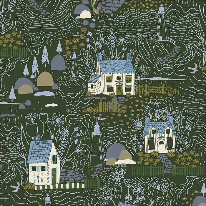 illustration of a village in light blue lines on an olive green background