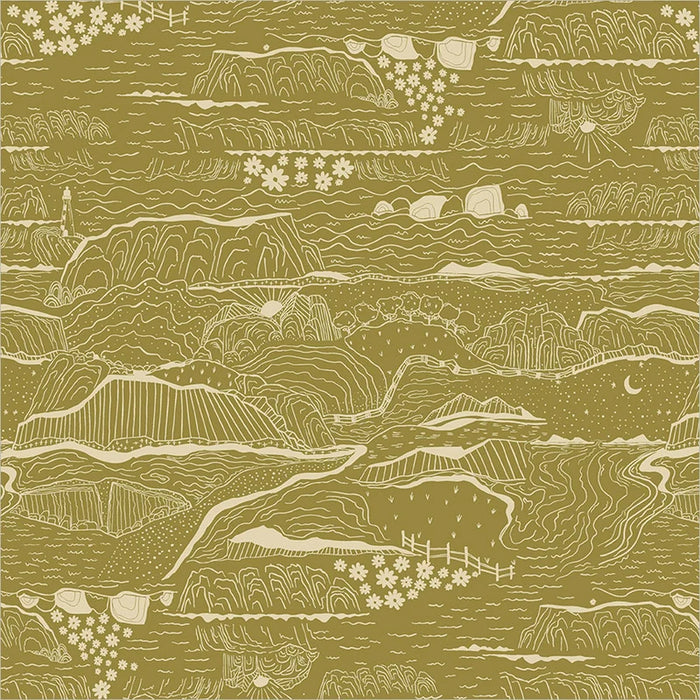 cream etching on olive background - closeup of fabric design