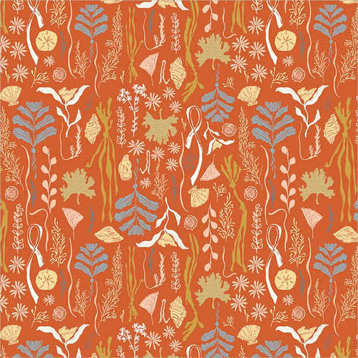 fabric closeup of coral and sea plants on a deep orange background