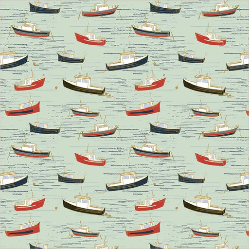 fabric closeup of navy and red boats bobbing on a pale green sea