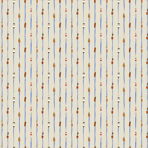 close up of fabric with bouys on hand painted blue stripes on beige background