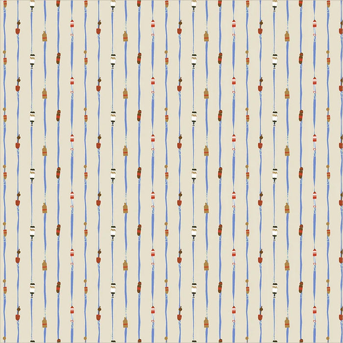 close up of fabric with bouys on hand painted blue stripes on beige background