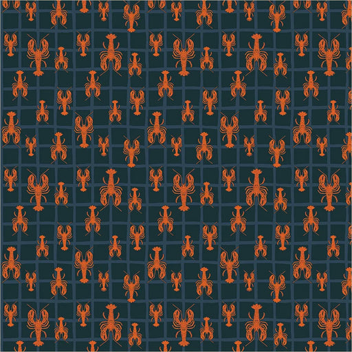 close up of fabric with small red lobsters on a blue on navy windowpane check background