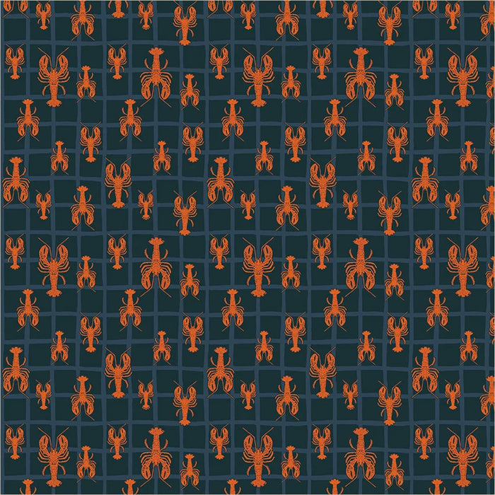 close up of fabric with small red lobsters on a blue on navy windowpane check background