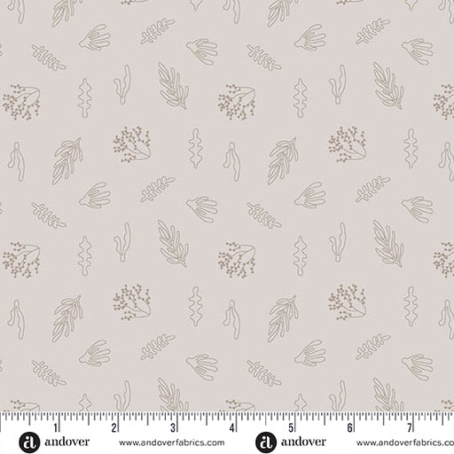 Fabric pattern with leaf designs on a light background, featuring Andover Fabrics branding.