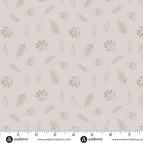 Fabric pattern with leaf designs on a light background, featuring Andover Fabrics branding.