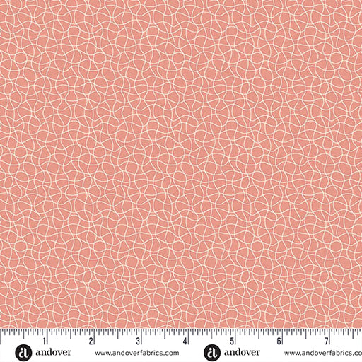 Coral fabric with star, moon, and heart pattern and Andover Fabrics logo.