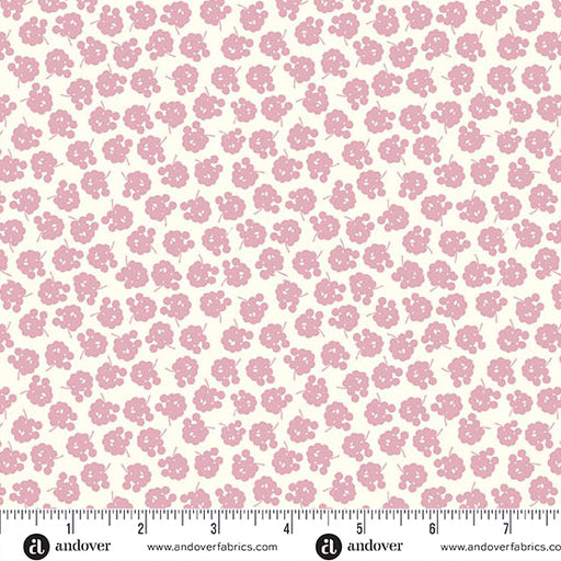 Pink floral pattern on a white background with Andover Fabrics logo.