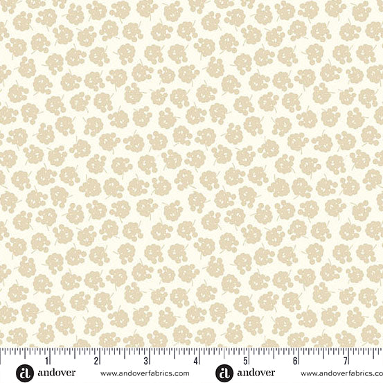 Beige floral pattern on a white background with Andover Fabrics logo.