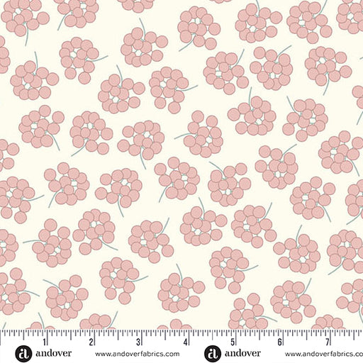Pattern of pink flowers on a white background with Andover Fabrics logo.