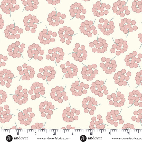 Pattern of pink flowers on a white background with Andover Fabrics logo.