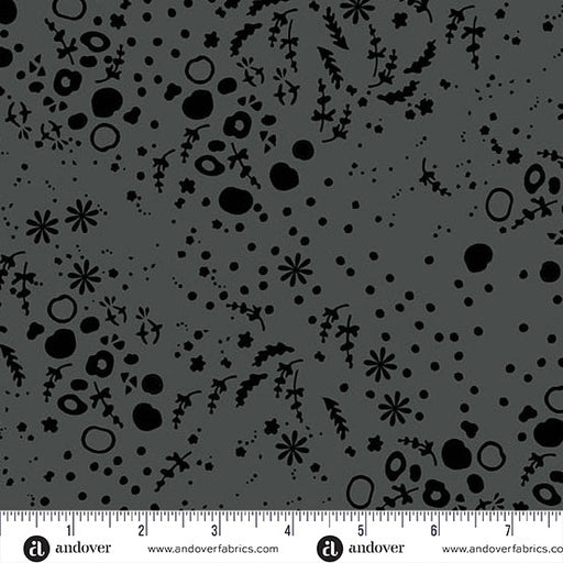 Black abstract pattern on gray fabric with Andover Fabrics logo.