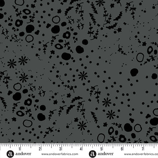 Black abstract pattern on gray fabric with Andover Fabrics logo.