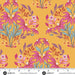 A repeating fabric pattern featuring pink flowers, light blue leaves, and small orange floral accents on a mustard yellow background, with a white ruler along the bottom showing measurements and the andover Fabrics logo.