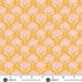 A repeating floral pattern fabric swatch with pale pink stylized flower motifs on a warm mustard yellow background, shown with a ruler along the bottom edge for scale. Andover branding is visible at the bottom.