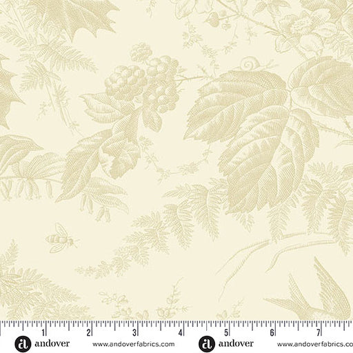 Floral patterned fabric with a ruler at the bottom for scale, on a beige background.