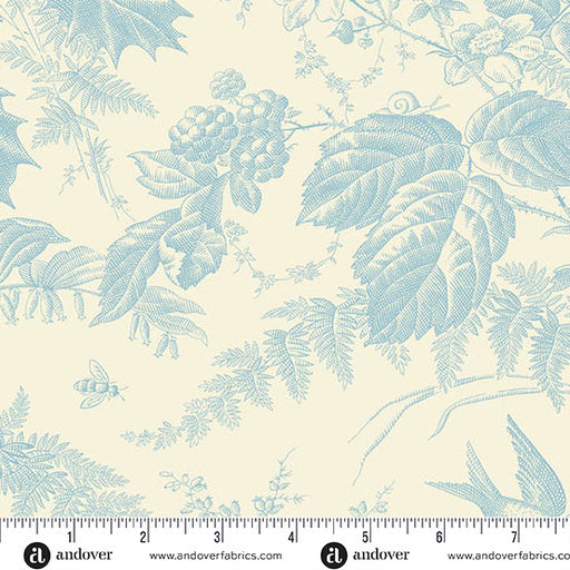 Blue floral and leaf pattern on a beige background with Andover Fabrics logo.