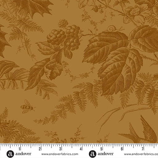 Brown fabric with nature-themed pattern featuring leaves, berries, and a bee, with a ruler at the bottom for scale.