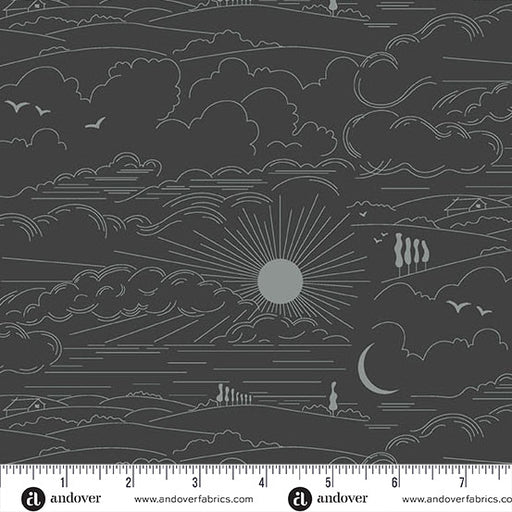 Black and white landscape pattern with sun and clouds, featuring Andover Fabrics logo.