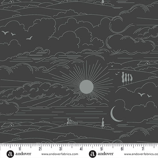 Black and white landscape pattern with sun and clouds, featuring Andover Fabrics logo.