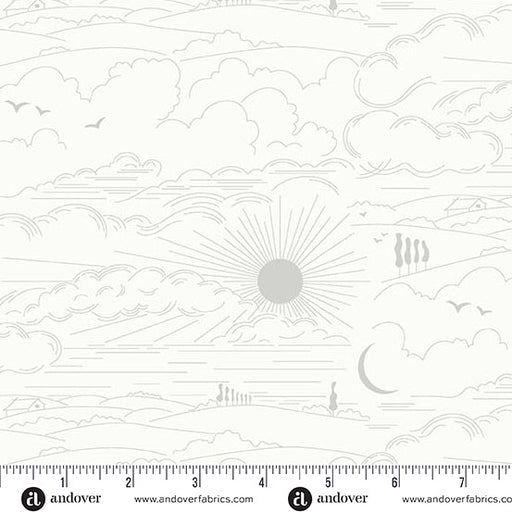 Black and white pattern of clouds and sun with a ruler at the bottom, featuring the Andover Fabrics logo.