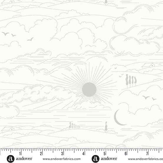 Black and white pattern of clouds and sun with a ruler at the bottom, featuring the Andover Fabrics logo.