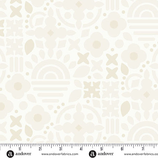 Geometric pattern fabric swatch with a ruler for scale on a white background