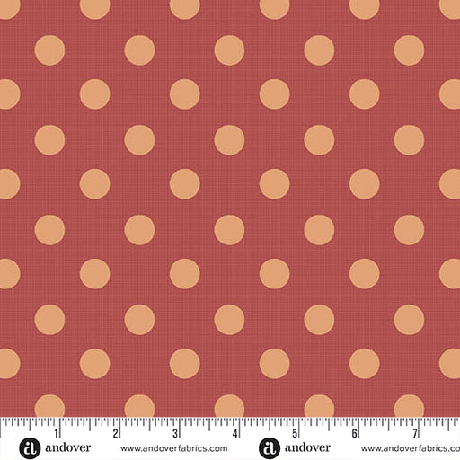 Fabric with a red background and beige polka dots, featuring Andover Fabrics branding.