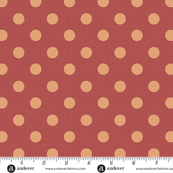 Fabric with a red background and beige polka dots, featuring Andover Fabrics branding.