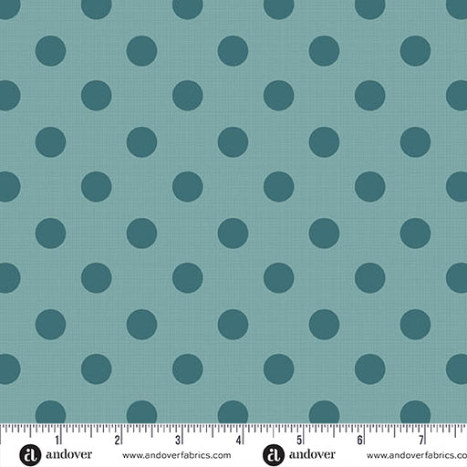 Teal polka dot fabric pattern with a ruler for scale, featuring the Andover Fabrics logo.