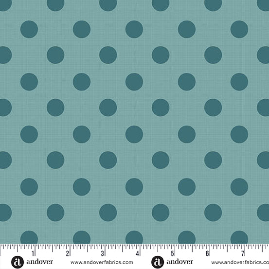 Teal polka dot fabric pattern with a ruler for scale, featuring the Andover Fabrics logo.