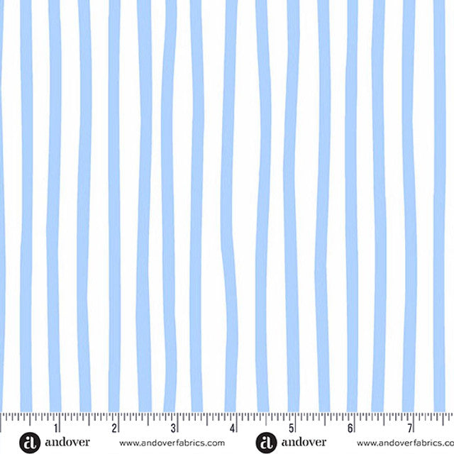 Fabric with light blue vertical stripes and a ruler at the bottom for scale.