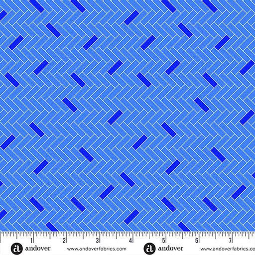 Blue fabric pattern with a zigzag design and Andover Fabrics logo.