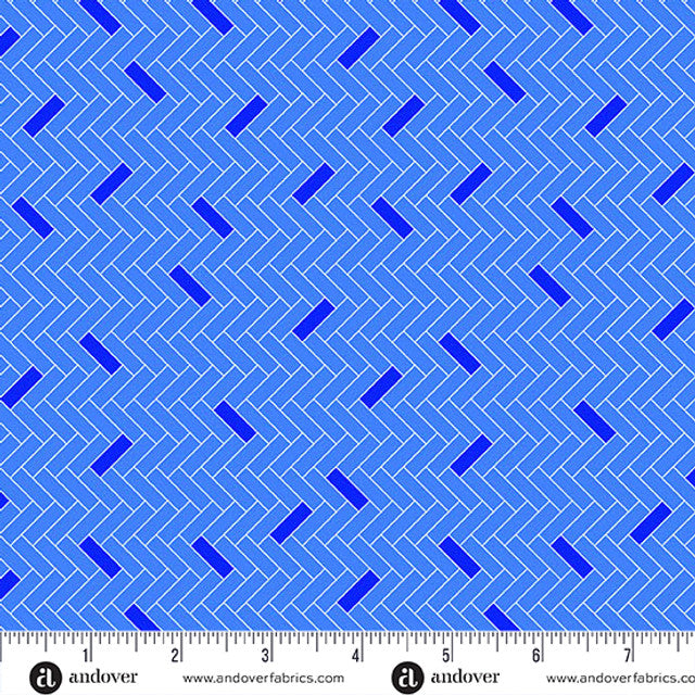 Blue fabric pattern with a zigzag design and Andover Fabrics logo.