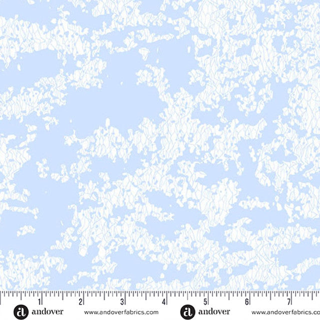 White snowflake pattern on a light blue background with Andover Fabrics logo.