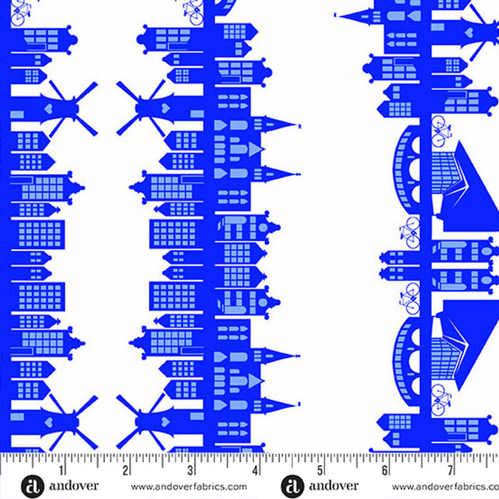 Pattern of blue architectural silhouettes on a white background with a ruler at the bottom.