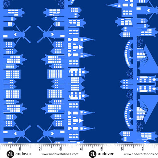 Patterned fabric with blue and white shapes on a blue background, featuring Andover Fabrics branding.