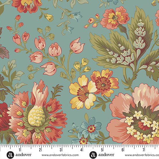 Floral pattern fabric with a ruler at the bottom for scale, on a teal background.