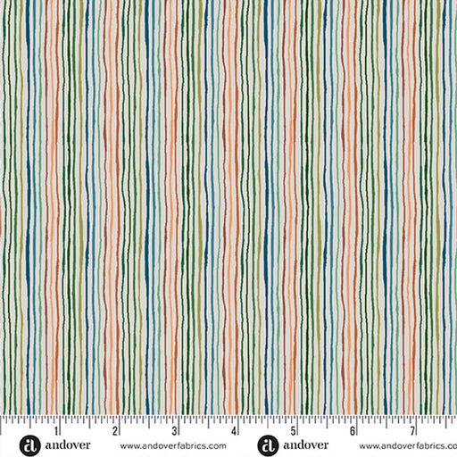 Striped fabric with multicolor lines on a white background, featuring Andover Fabrics branding.