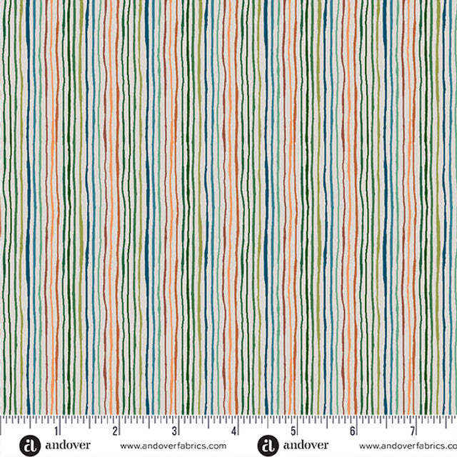 Striped fabric with multicolor lines on a white background, featuring Andover Fabrics branding.