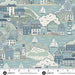 Fabric pattern with a coastal scene featuring houses, trees, and sailboats, with a ruler at the bottom.