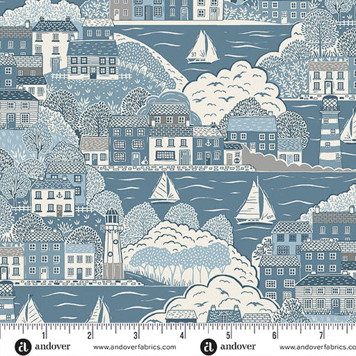 Fabric pattern with coastal scene featuring houses, trees, and sailboats, with a ruler at the bottom.