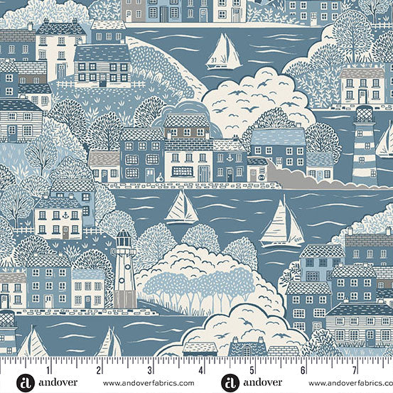 Fabric pattern with coastal scene featuring houses, trees, and sailboats, with a ruler at the bottom.
