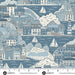 Fabric pattern with coastal scene featuring houses, trees, and sailboats, with a ruler at the bottom.