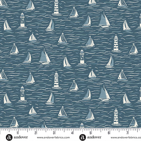 Nautical pattern with sailboats and lighthouses on a blue background with a ruler at the bottom.
