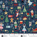 close up of Christmas fabric with nutcrackers, fairies, gingerbread men, toy drums, Christmas trees and bells on a navy background