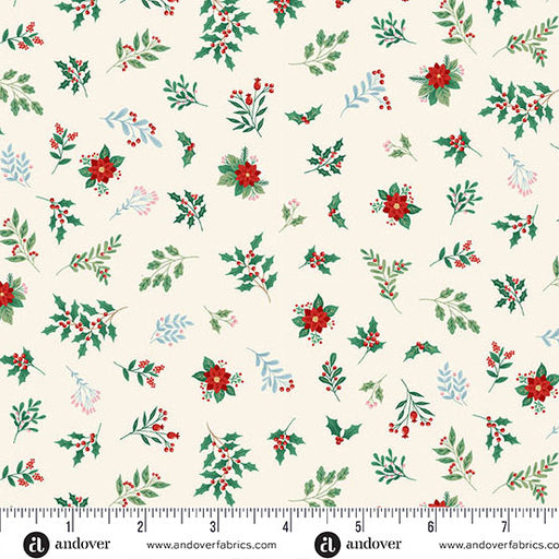 Close up of fabric with little sprigs of ivy and poinsettas on a cream background