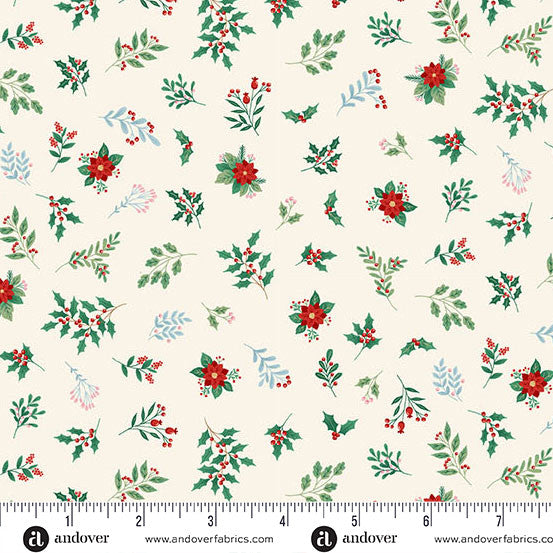 Close up of fabric with little sprigs of ivy and poinsettas on a cream background
