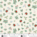 Close up of fabric with little sprigs of ivy and poinsettas on a cream background