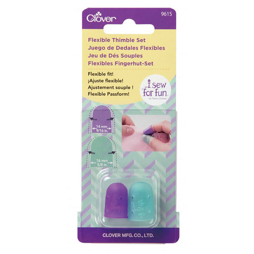 Clover flexible thimble set packaging with purple and teal thimbles on a white background